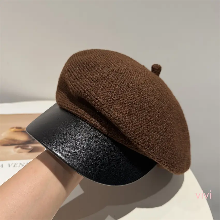 Women Winter Knitted Newsboy Cap Brown - Image 7