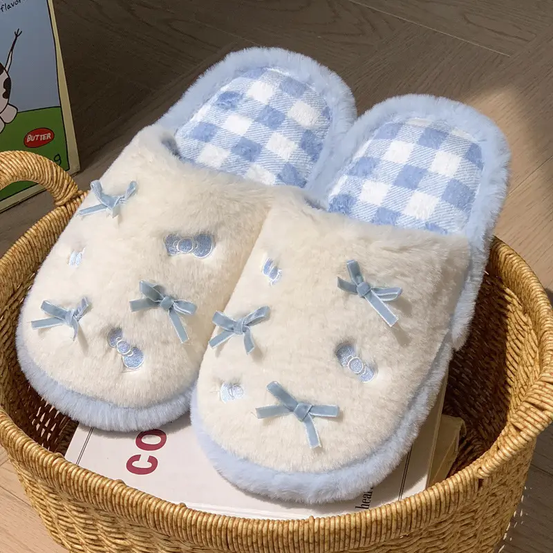 Cute Pink Bow Cotton Slippers for Women Winter - Image 4
