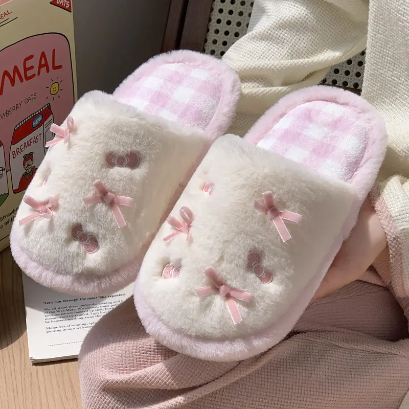 Cute Pink Bow Cotton Slippers for Women Winter - Image 5