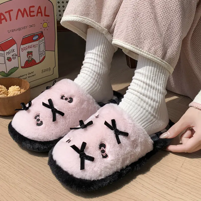Cute Pink Bow Cotton Slippers for Women Winter - Image 6