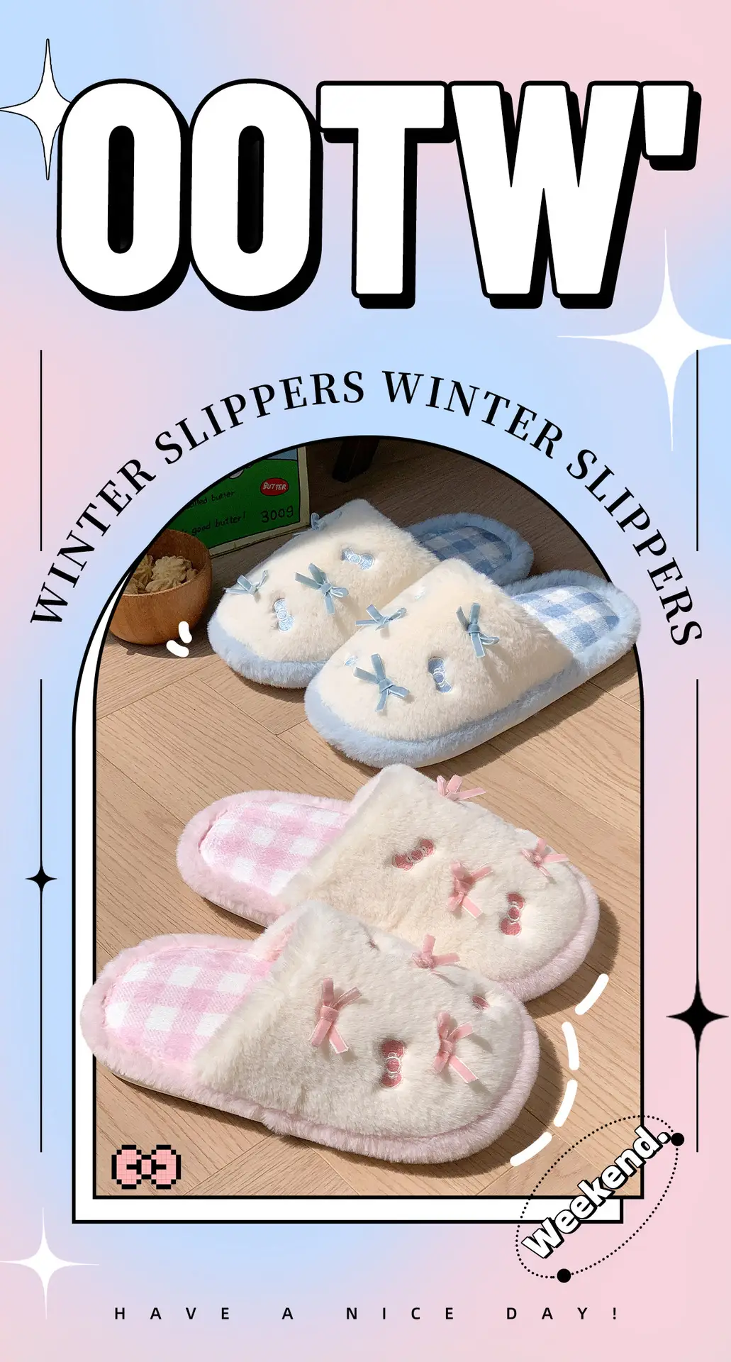 Cute Pink Bow Cotton Slippers for Women Winter — feature 1