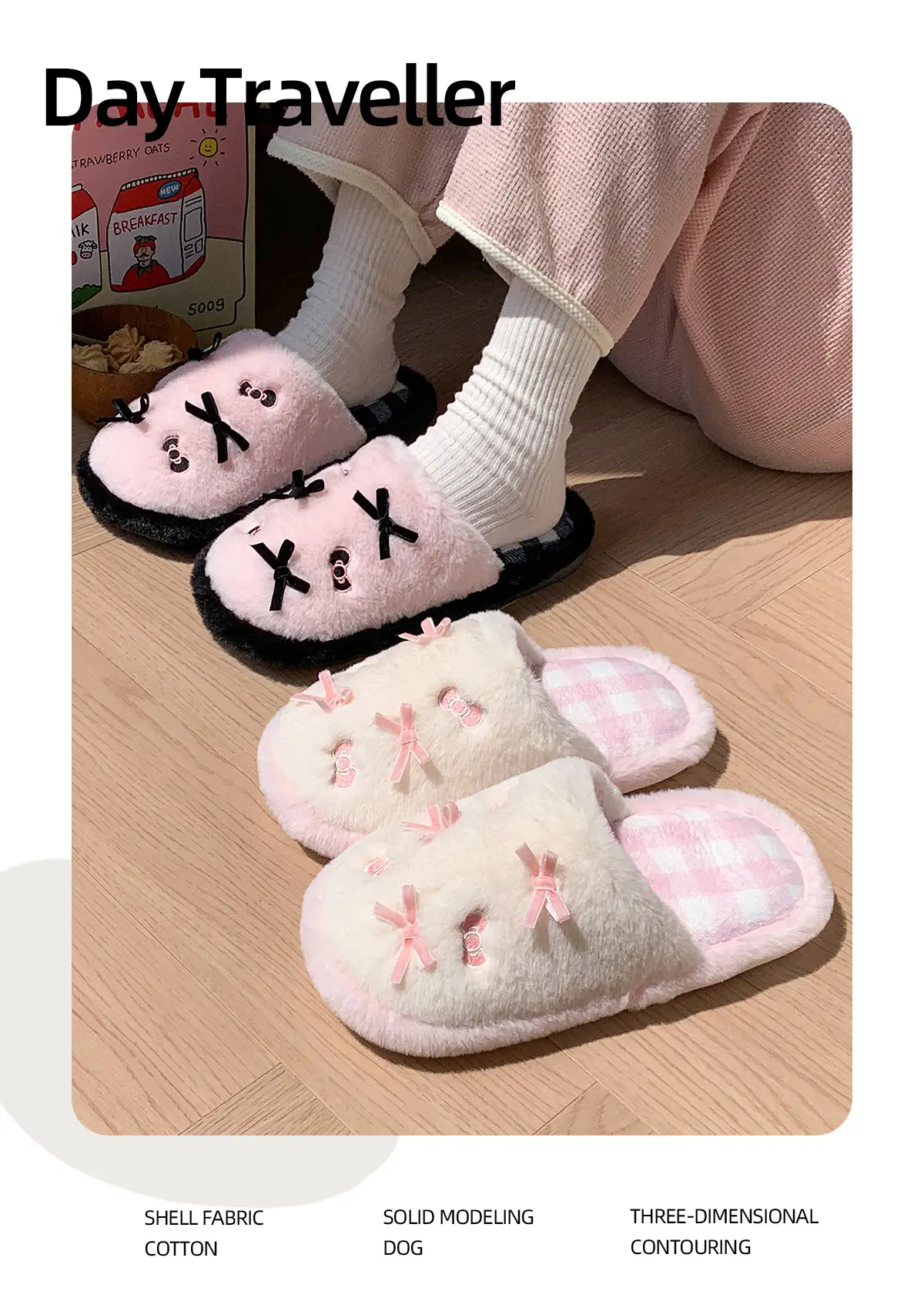 Cute Pink Bow Cotton Slippers for Women Winter — feature 4