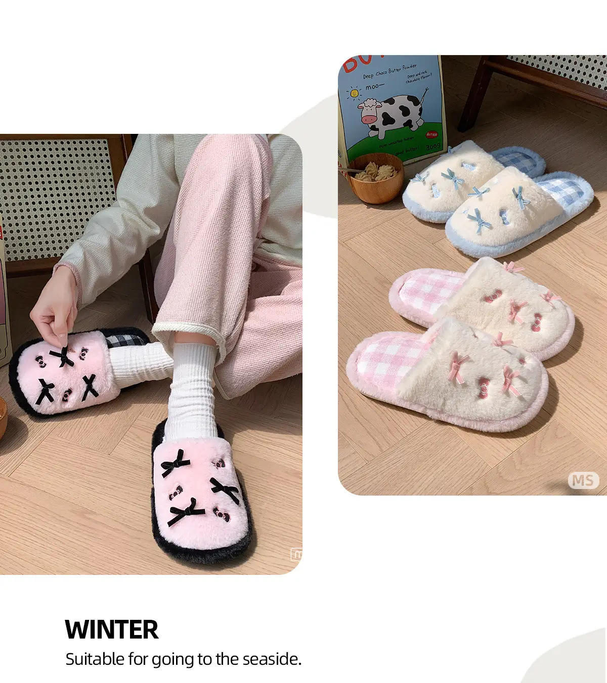 Cute Pink Bow Cotton Slippers for Women Winter — feature 6