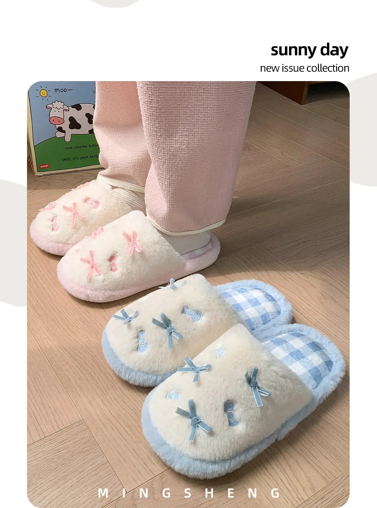 Cute Pink Bow Cotton Slippers for Women Winter — feature 9