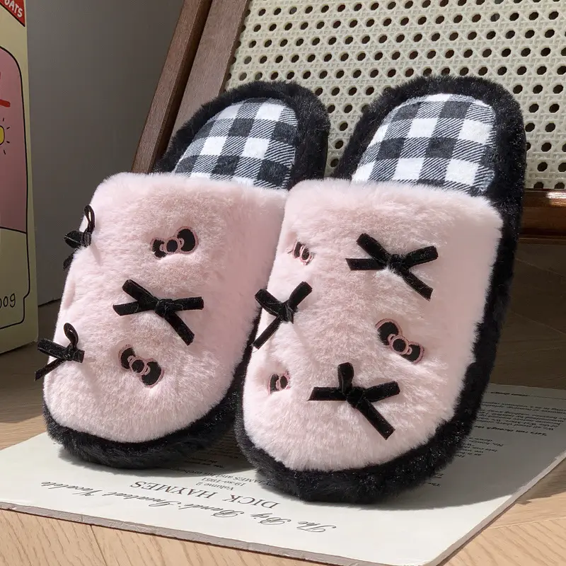 Cute Pink Bow Cotton Slippers for Women Winter - Image 2