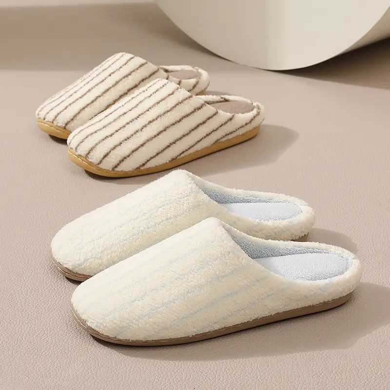 Japanese-Style Striped Plush Slippers Women Autumn Winter - Image 2