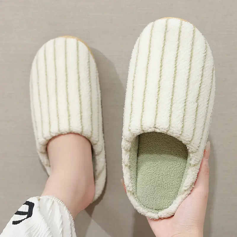 Japanese-Style Striped Plush Slippers Women Autumn Winter - Image 3