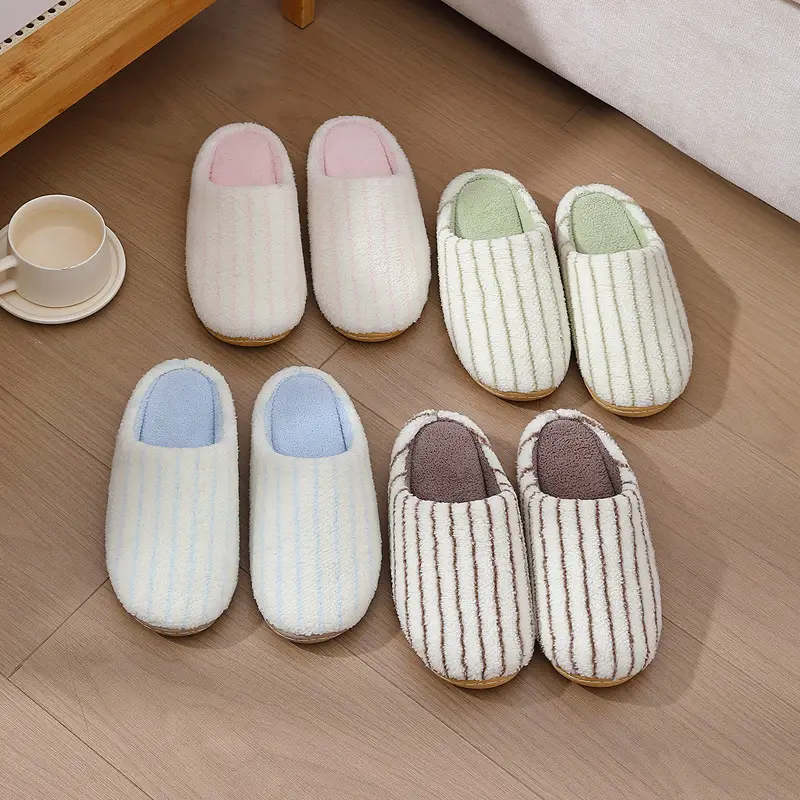 Japanese-Style Striped Plush Slippers Women Autumn Winter - Image 4