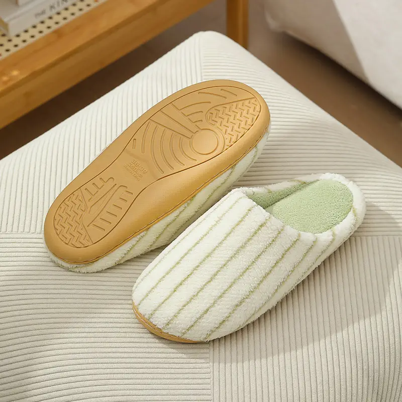 Japanese-Style Striped Plush Slippers Women Autumn Winter - Image 5