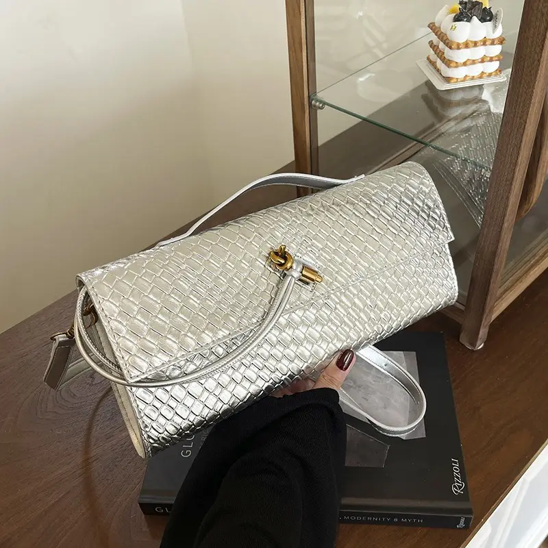 Gold Woven Crossbody Bag with Leather Trim