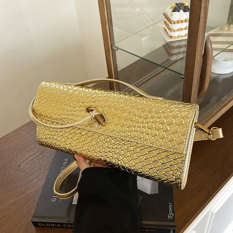 Gold Woven Crossbody Bag with Leather Trim