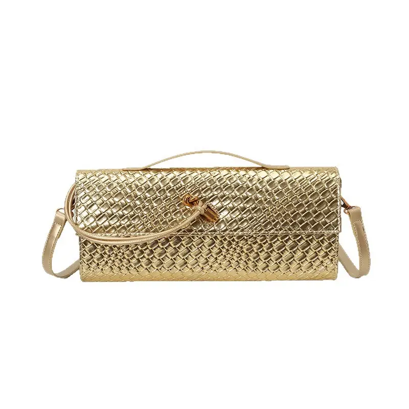 Gold Woven Crossbody Bag with Leather Trim
