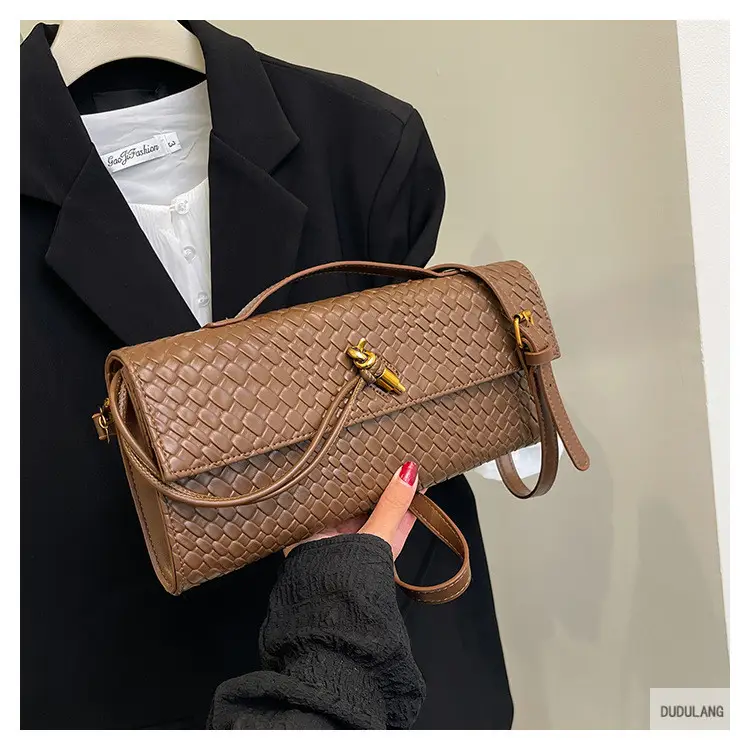 Gold Woven Crossbody Bag with Leather Trim — feature 13