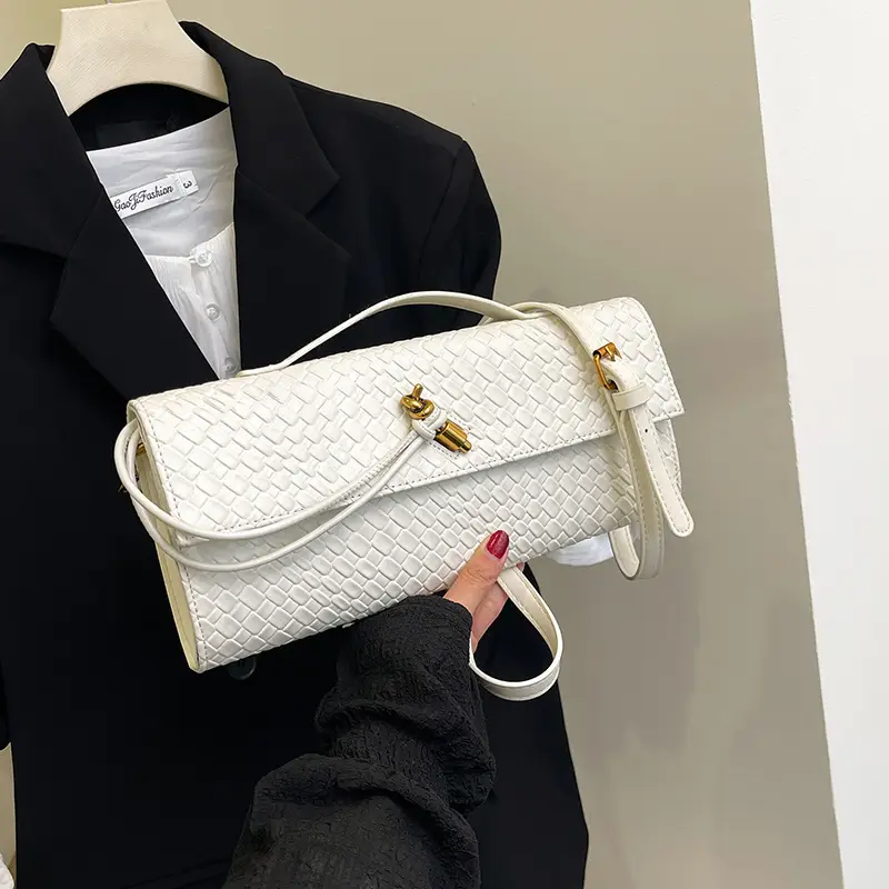 Gold Woven Crossbody Bag with Leather Trim