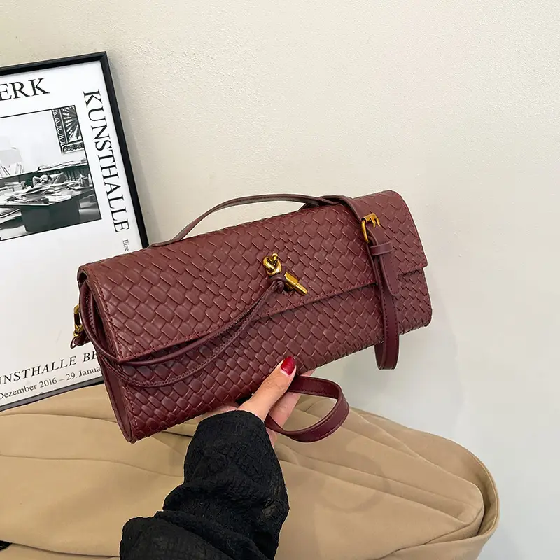 Gold Woven Crossbody Bag with Leather Trim