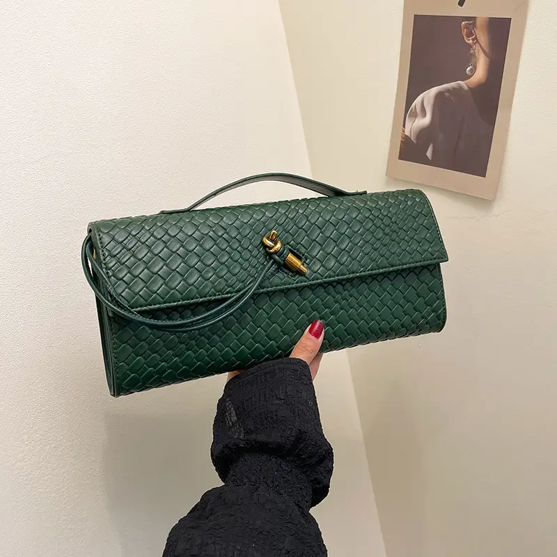 Gold Woven Crossbody Bag with Leather Trim