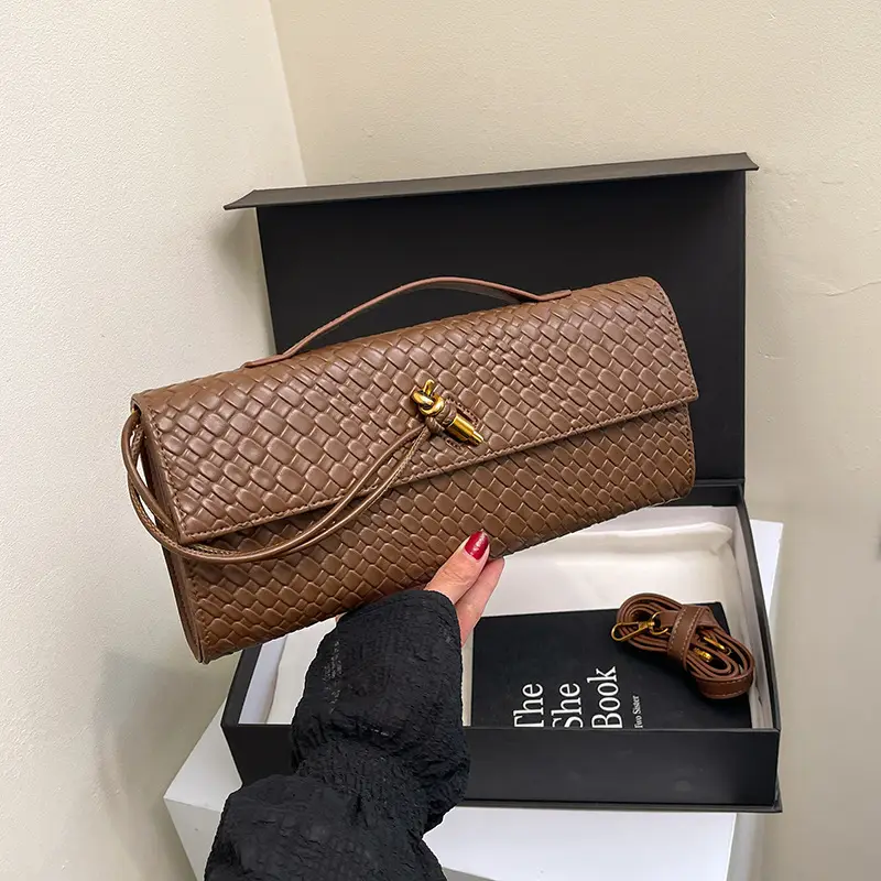 Gold Woven Crossbody Bag with Leather Trim