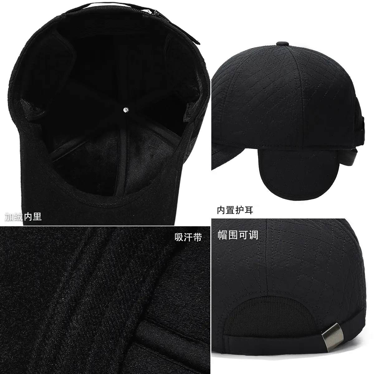 Winter Black Fleece Baseball Cap with Ear Protection - Image 7