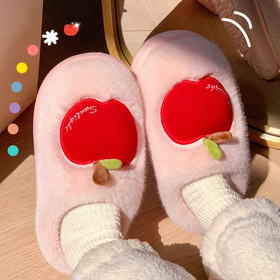 Cute Apple Plush Cotton Slippers for Women, Autumn and Winter Indoor Home Warm Couple Thick-Soled Maternity Cotton Slippers for Outdoor Wear - Image 7