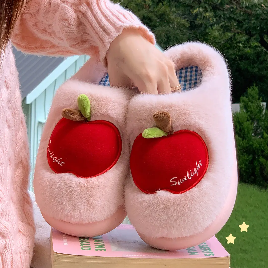 Cute Apple Plush Cotton Slippers for Women, Autumn and Winter Indoor Home Warm Couple Thick-Soled Maternity Cotton Slippers for Outdoor Wear - Image 8