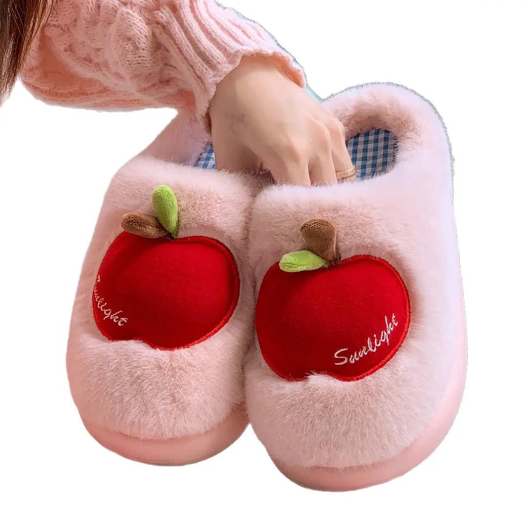 Cute Apple Plush Cotton Slippers for Women, Autumn and Winter Indoor Home Warm Couple Thick-Soled Maternity Cotton Slippers for Outdoor Wear - Image 10