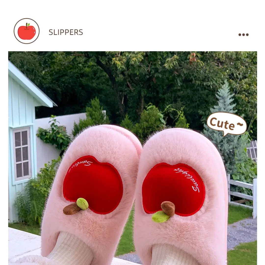 Cute Apple Plush Cotton Slippers for Women, Autumn and Winter Indoor Home Warm Couple Thick-Soled Maternity Cotton Slippers for Outdoor Wear — feature 1