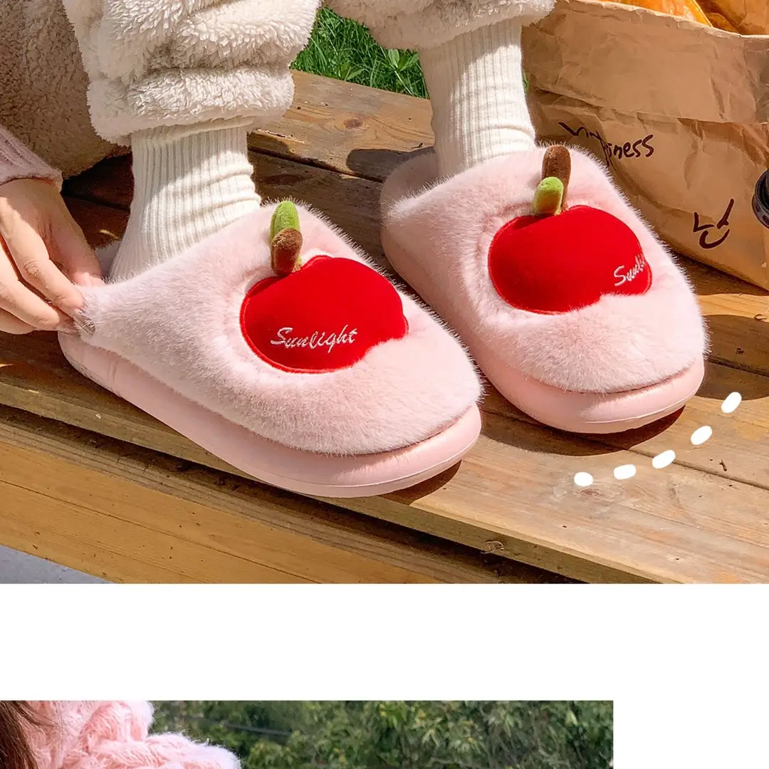 Cute Apple Plush Cotton Slippers for Women, Autumn and Winter Indoor Home Warm Couple Thick-Soled Maternity Cotton Slippers for Outdoor Wear — feature 12