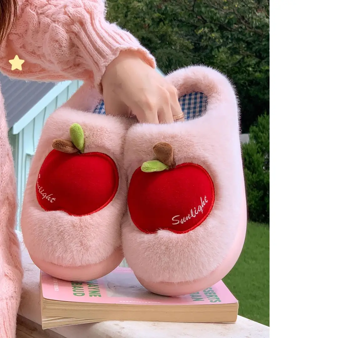 Cute Apple Plush Cotton Slippers for Women, Autumn and Winter Indoor Home Warm Couple Thick-Soled Maternity Cotton Slippers for Outdoor Wear — feature 13