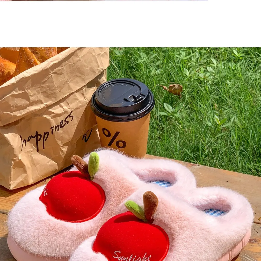 Cute Apple Plush Cotton Slippers for Women, Autumn and Winter Indoor Home Warm Couple Thick-Soled Maternity Cotton Slippers for Outdoor Wear — feature 14