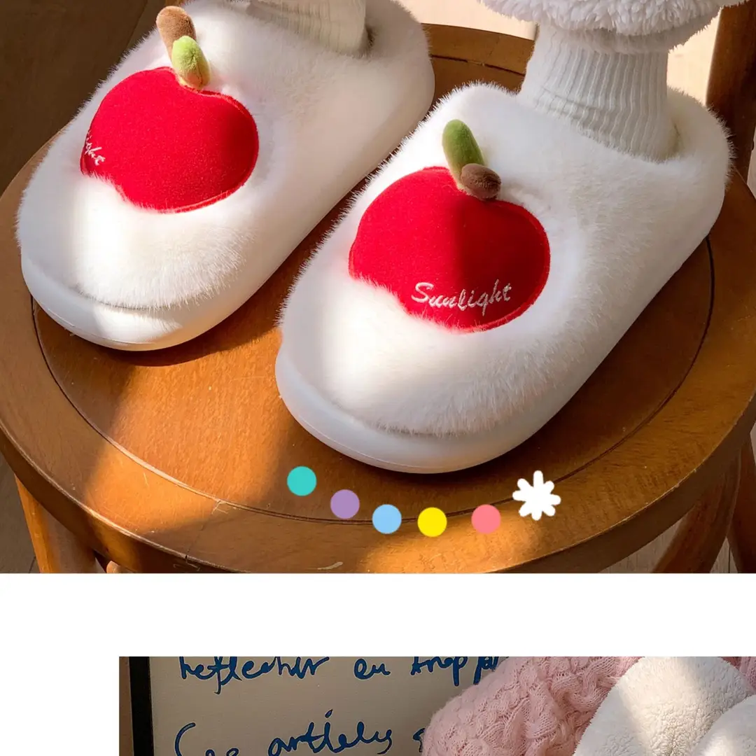 Cute Apple Plush Cotton Slippers for Women, Autumn and Winter Indoor Home Warm Couple Thick-Soled Maternity Cotton Slippers for Outdoor Wear — feature 16