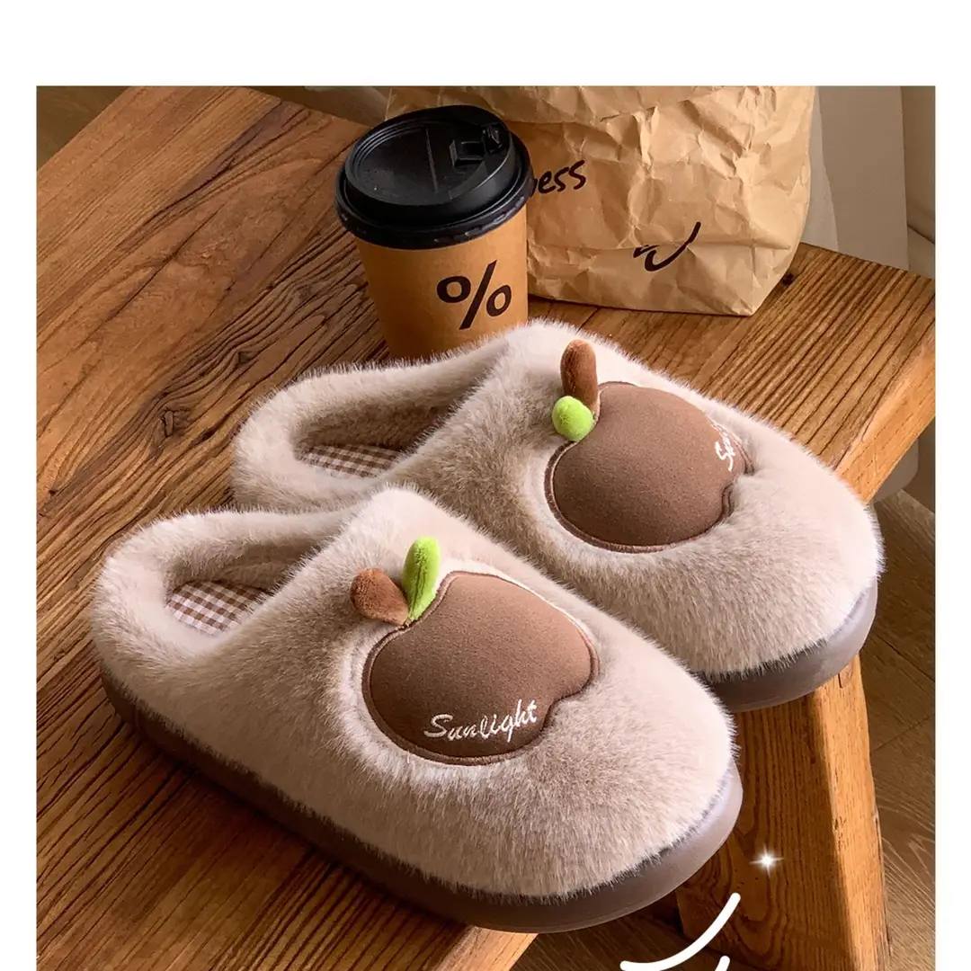 Cute Apple Plush Cotton Slippers for Women, Autumn and Winter Indoor Home Warm Couple Thick-Soled Maternity Cotton Slippers for Outdoor Wear — feature 18