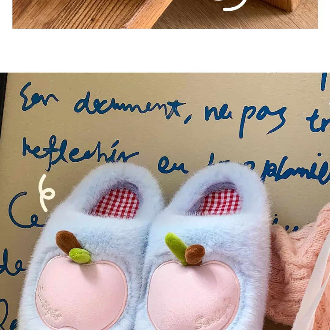 Cute Apple Plush Cotton Slippers for Women, Autumn and Winter Indoor Home Warm Couple Thick-Soled Maternity Cotton Slippers for Outdoor Wear — feature 19