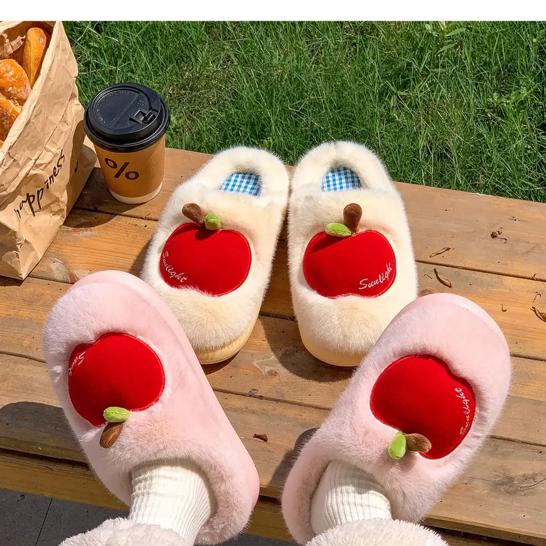 Cute Apple Plush Cotton Slippers for Women, Autumn and Winter Indoor Home Warm Couple Thick-Soled Maternity Cotton Slippers for Outdoor Wear — feature 6