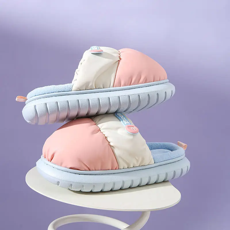 Pu Waterproof Cotton Slippers for Autumn and Winter for Men and Women, Couples at Home, Fleece-Lined, Warm, Comfortable, Non-Slip Confinement Shoes, New Winter Style