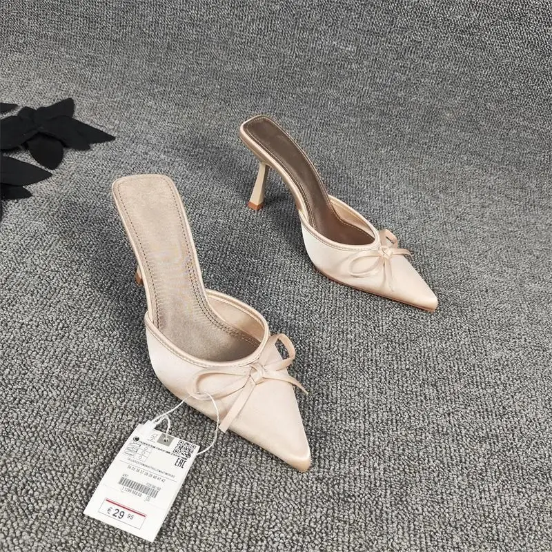 2025 Bowknot Peep Toe Stiletto Heel Slippers Women - Image 3