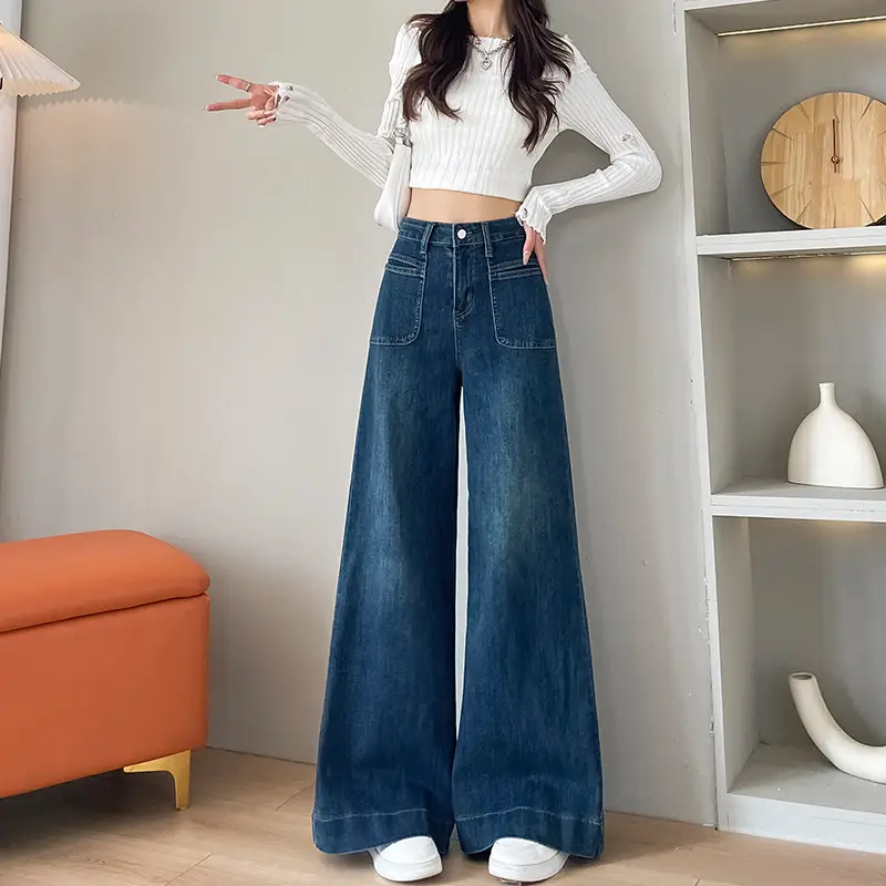 Dark Blue Wide Leg Jeans Women Summer 2025