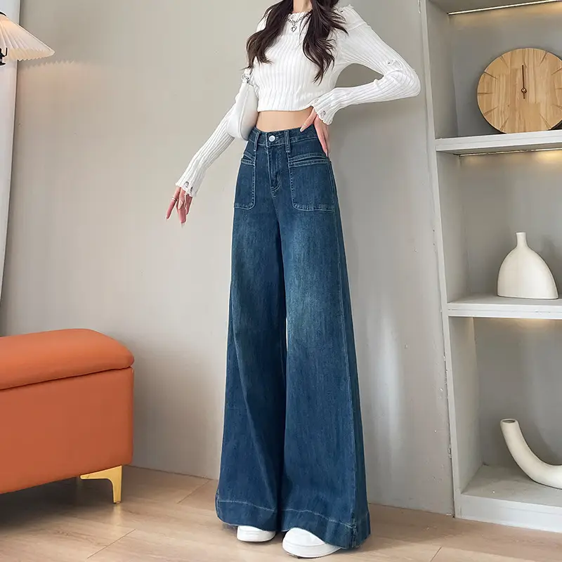 Dark Blue Wide Leg Jeans Women Summer 2025