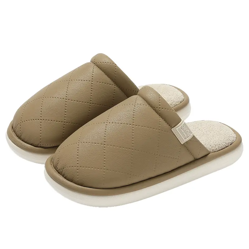 Home Cotton Slippers for Women, Winter Indoor Household Pu Leather Fleece-Lined Warm Slippers for Men, Plush Cotton Slippers for Men Wholesale - Image 9