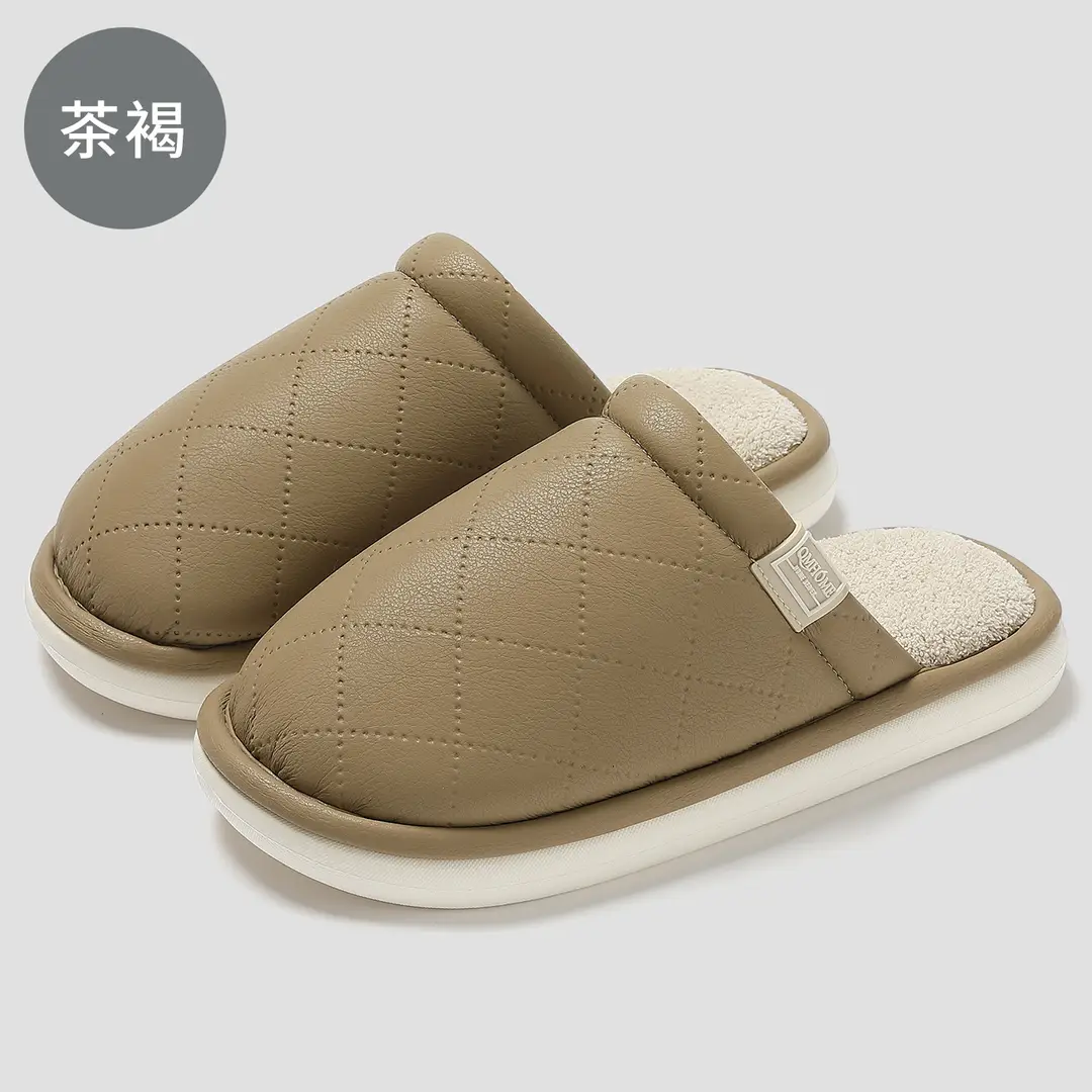 Home Cotton Slippers for Women, Winter Indoor Household Pu Leather Fleece-Lined Warm Slippers for Men, Plush Cotton Slippers for Men Wholesale - Image 2