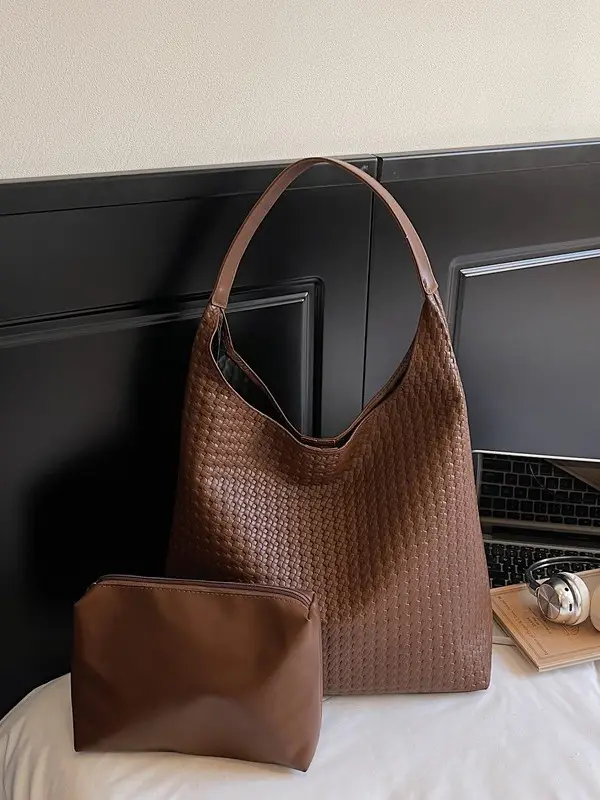 Large Capacity Woven Bucket Bag for Women Brown Black - Image 4