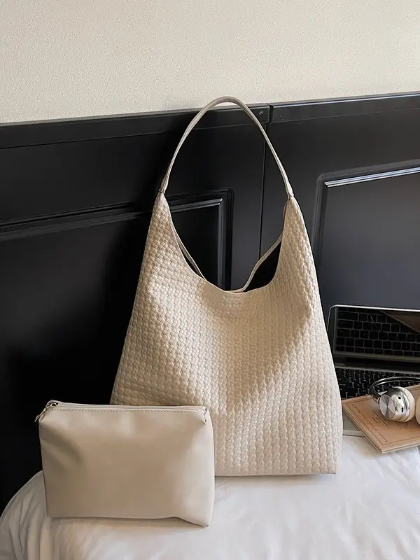 Large Capacity Woven Bucket Bag for Women Brown Black - Image 5