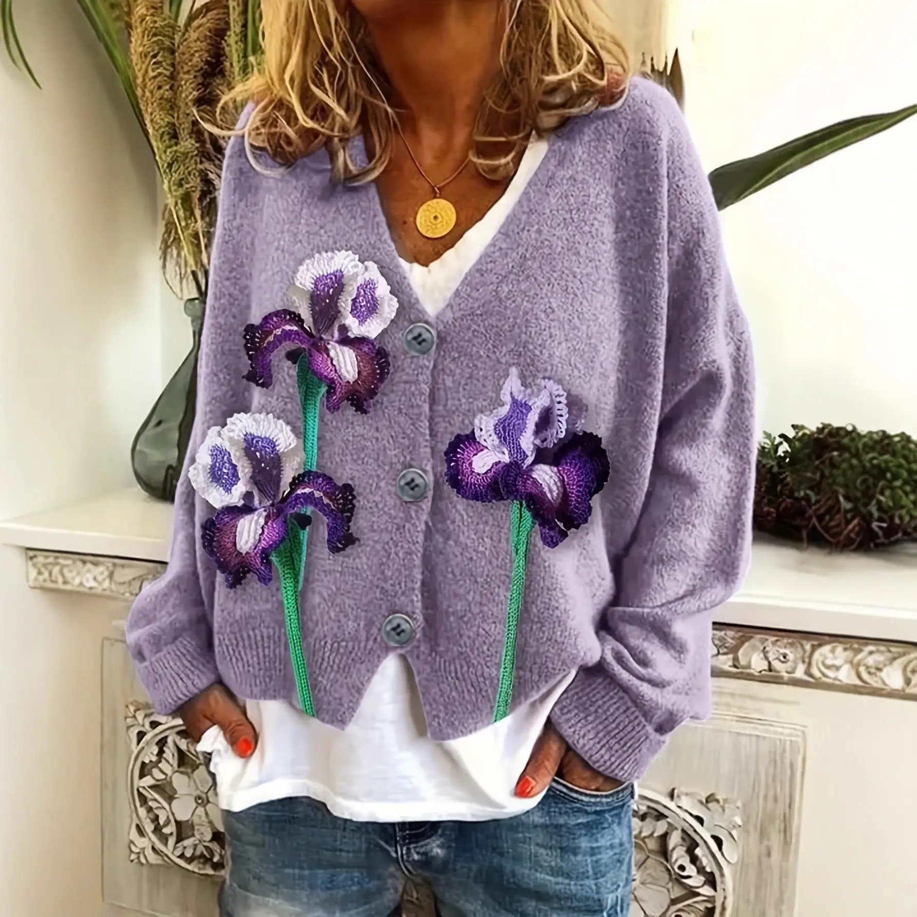 Ladies 3D Printed Iris Cardigan V Neck Sweater Autumn Winter — feature 2