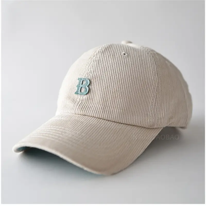 Men Winter Beige B Letter Cap Corduroy - Image 11