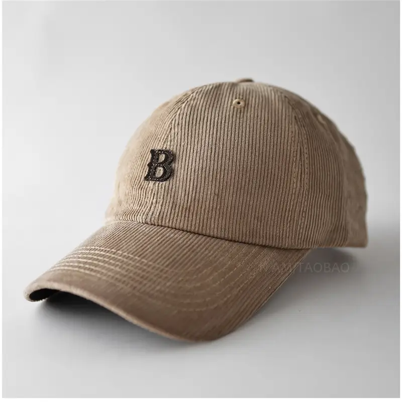 Men Winter Beige B Letter Cap Corduroy - Image 3