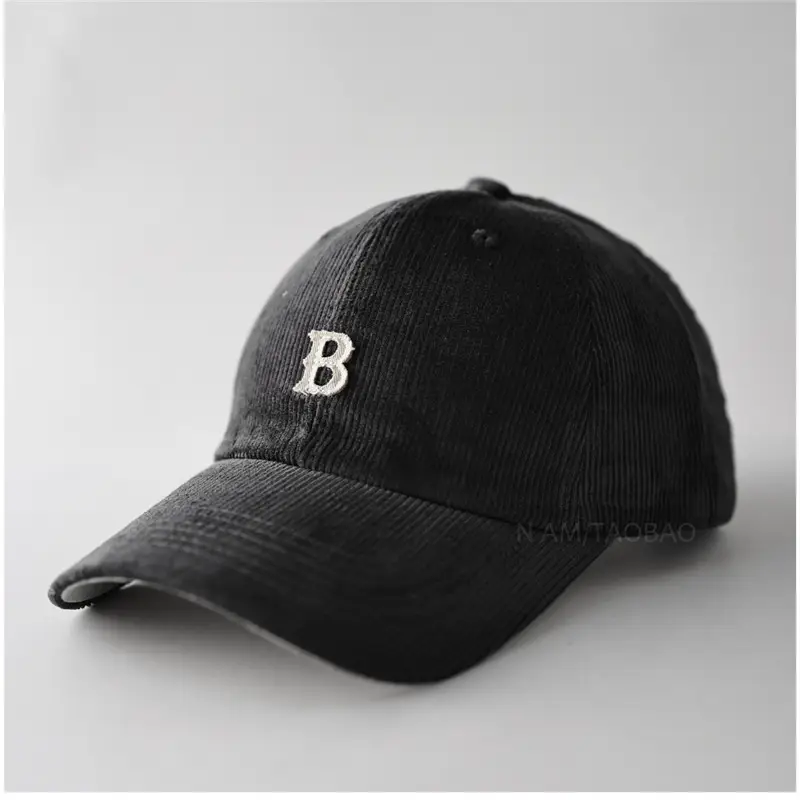 Men Winter Beige B Letter Cap Corduroy - Image 8