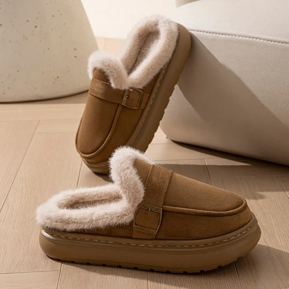 2025 Winter New Women's Korean Style Large Size Flats Fashion Belt Buckle Fleece-Lined Thickeneded Short-Tube Cotton Shoes Women's Thick-Soled Slippers - Image 7