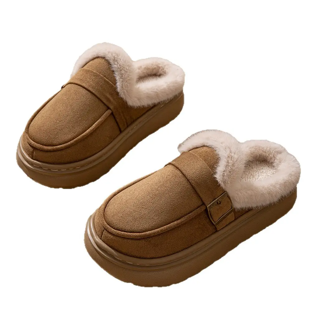 2025 Winter New Women's Korean Style Large Size Flats Fashion Belt Buckle Fleece-Lined Thickeneded Short-Tube Cotton Shoes Women's Thick-Soled Slippers - Image 8