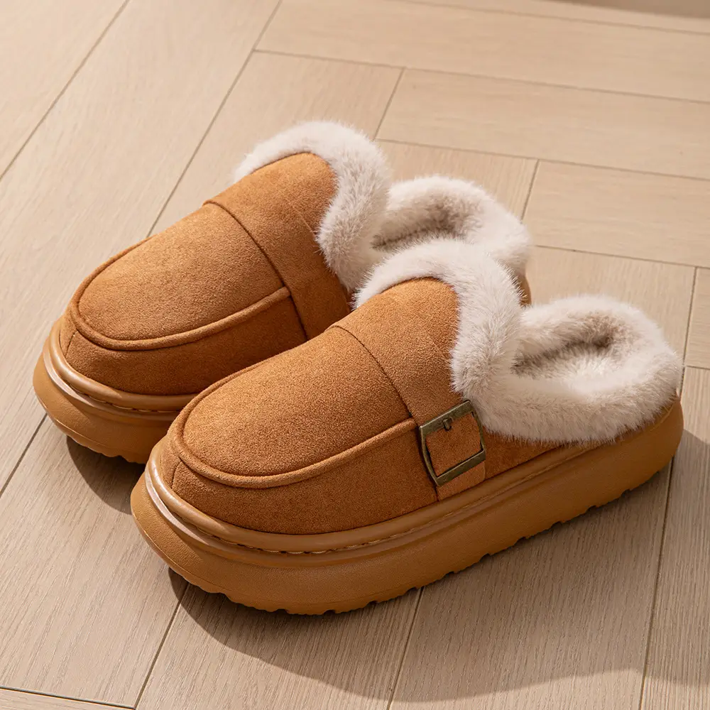 2025 Winter New Women's Korean Style Large Size Flats Fashion Belt Buckle Fleece-Lined Thickeneded Short-Tube Cotton Shoes Women's Thick-Soled Slippers - Image 2