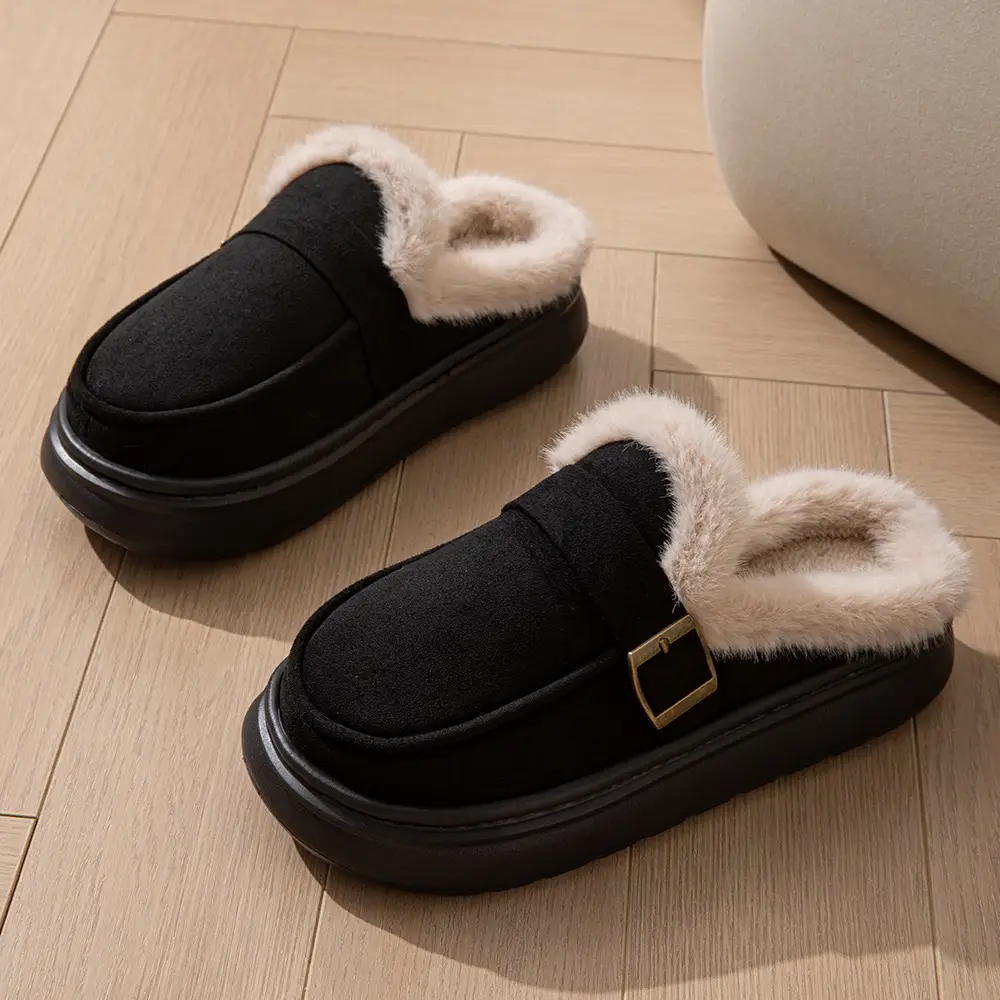 2025 Winter New Women's Korean Style Large Size Flats Fashion Belt Buckle Fleece-Lined Thickeneded Short-Tube Cotton Shoes Women's Thick-Soled Slippers - Image 3
