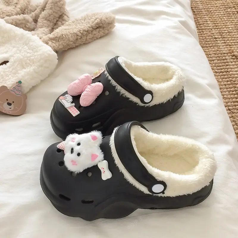 Croc Shoes Winter Fleece-Lined Removable Women's Autumn and Winter Girls' High Heels Cute Cross-Border Non-Slip Cotton Slippers Winter Fleece-Lined